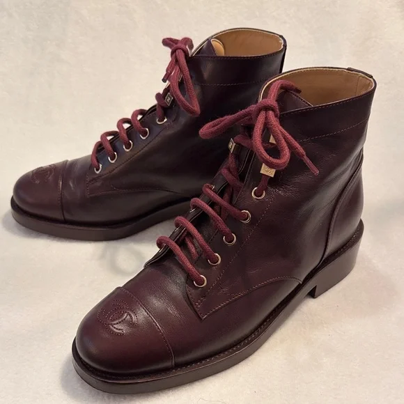 Chanel Burgundy Leather Women's Ankle Boots - Picture 1 of 16